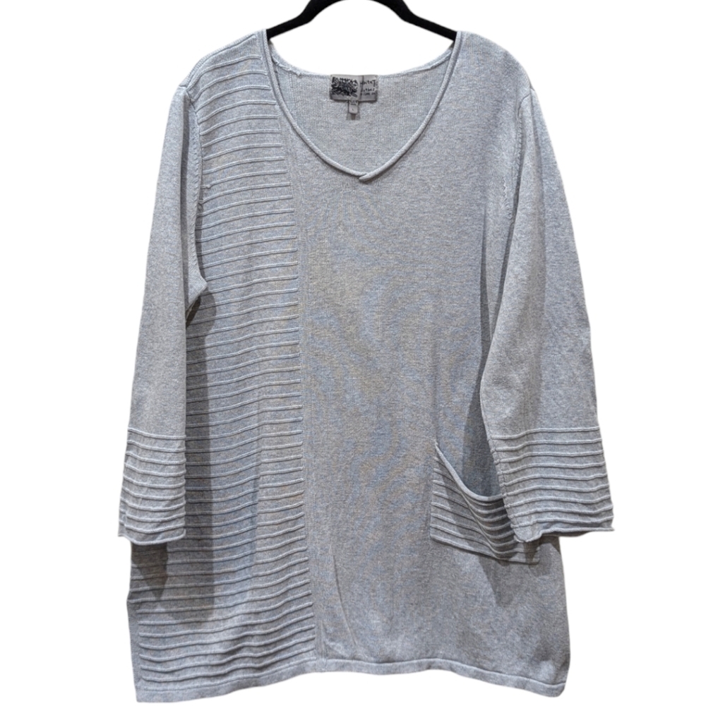 Habitat Light Gray Oversized Boxy Ribbed Panel Lagenlook V-neck Sweater (L)